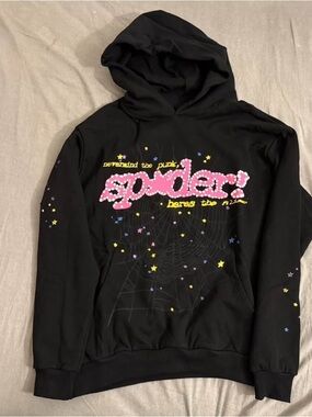 Black Hoodie with Pink 'spider' Graphic and Star Accents